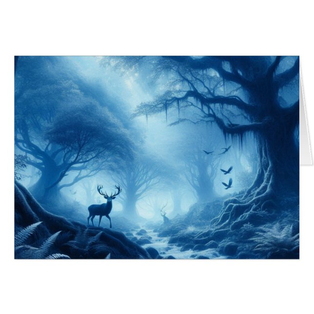 Cerf dans la forêt noire de la brume bleue (Devant horizontal)
