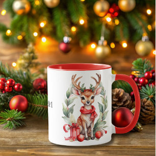 Cerf de Noël avec Mug de café rouge à l'écharpe
