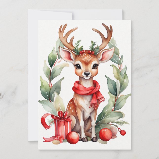 Cerf de Noël en Red Scarf Flat Carte de vacances (Devant)