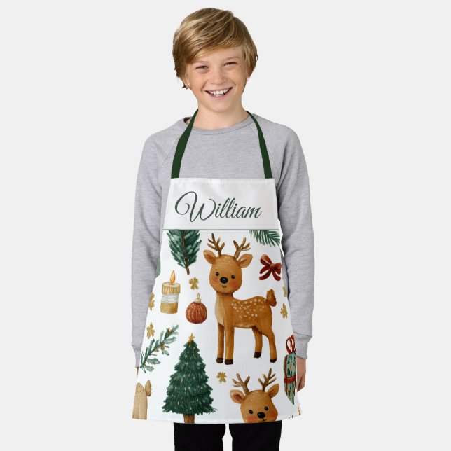 Cerf de Noël Fantaisiste | Tablier Enfant avec Nom (Porté)