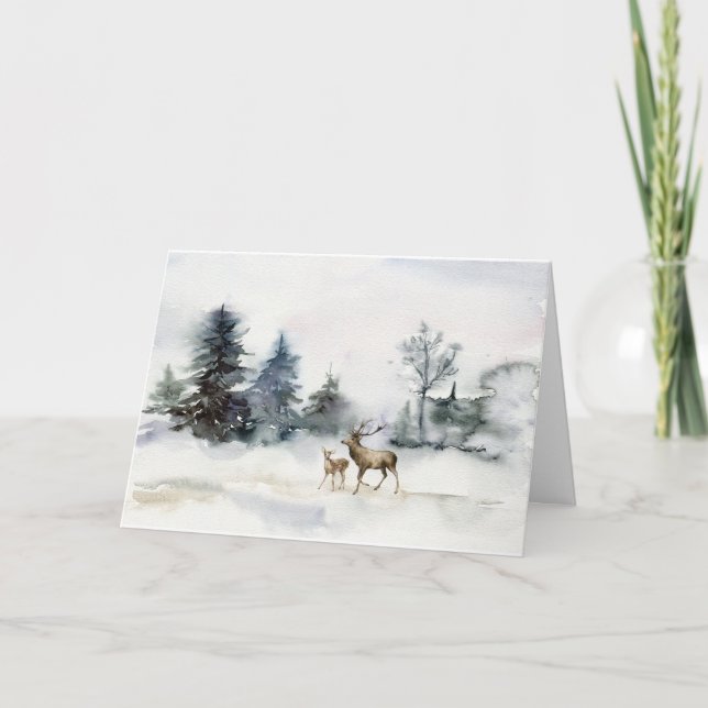 Cerf en hiver Scène de pins Carte de Noël (Devant)