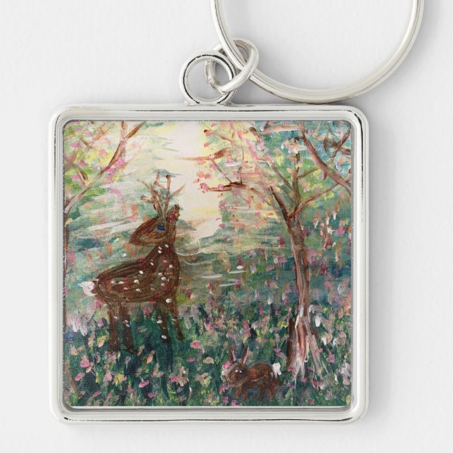 Cerf et lapin dans les bois Porte-clés (Devant)
