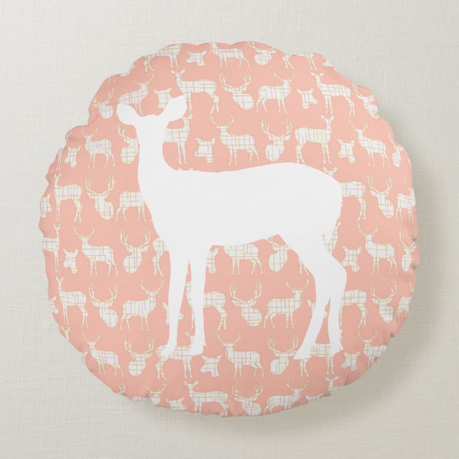 Cerf rose avec blanc Buck et Doe Coussin rond (Devant)