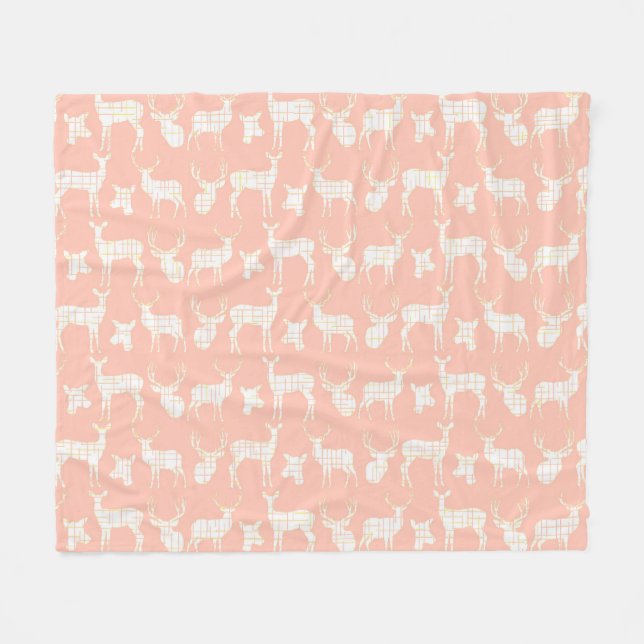 Cerf rustique blanc sur couverture en polaire rose (Devant (Horizontal))