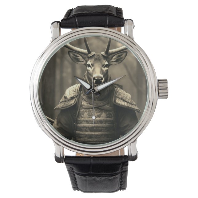 cerf samurai Battlefield montre en cuir noir (devant)