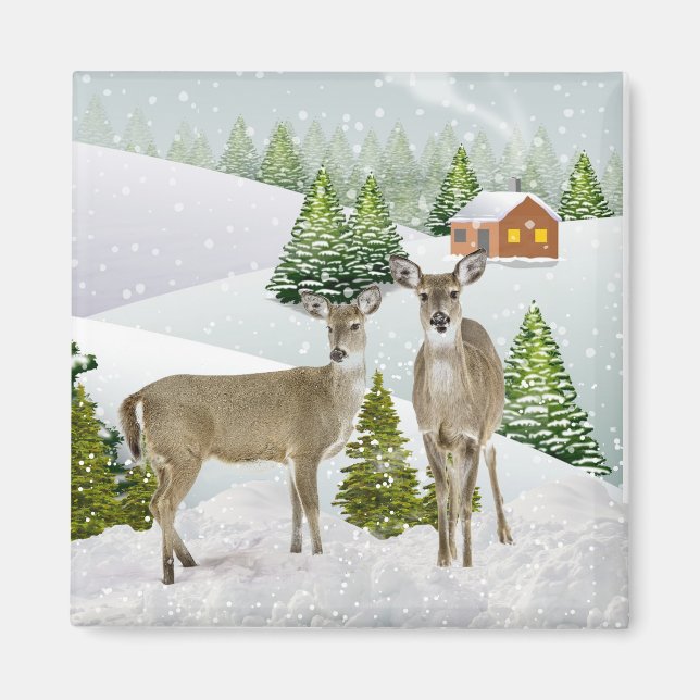Cerfs en hiver avec un aimant de réfrigérateur enn (Devant)