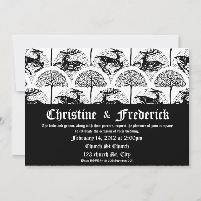 Cerfs et arbres médiévaux, invitation 5"x7". (Devant)