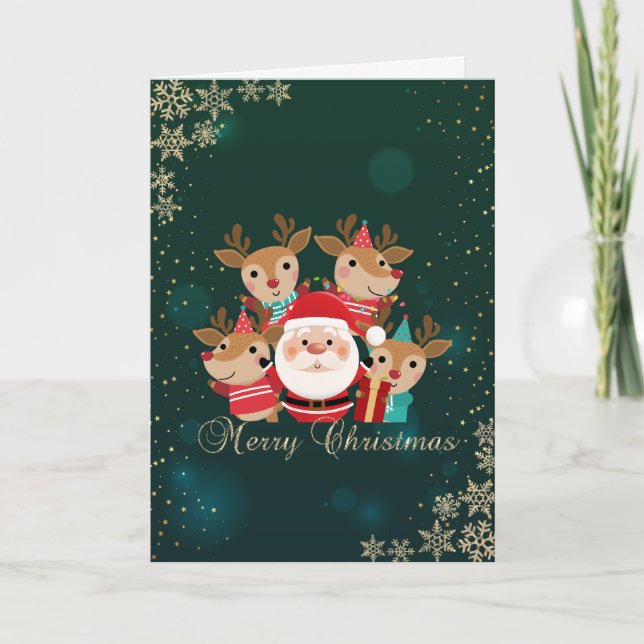Cerfs mignons, Père Noël, Carte de vacances à floc (Devant)