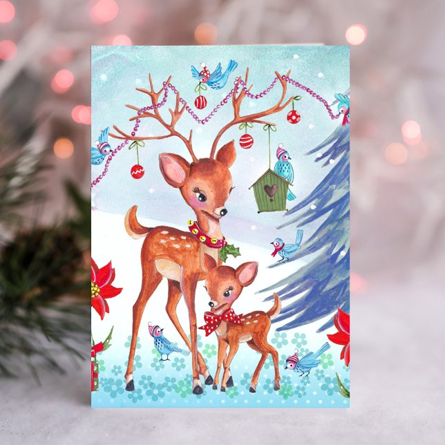 Cerfs Noël Oiseaux | Carte de vœux de fêtes (Deer Christmas Birds | Holiday Greeting card)