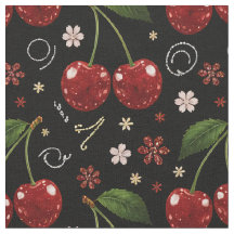Cerises Brillantes, Tissu à Motif Noir Sans Coutur