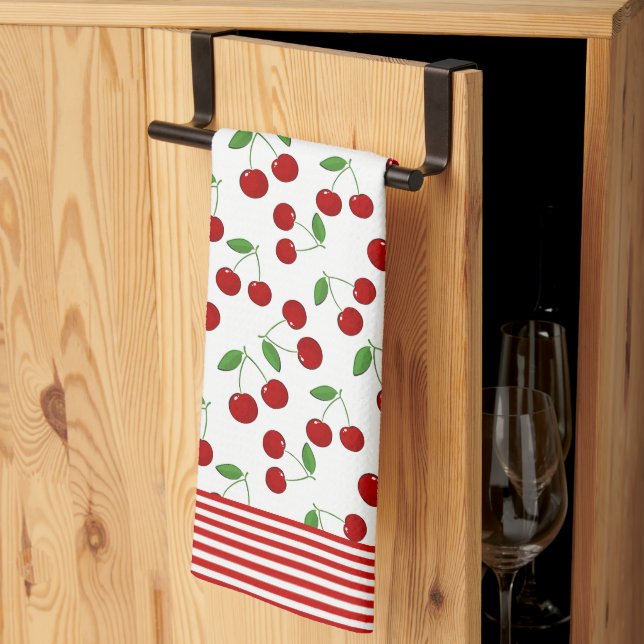 Cerises et rayures Design Serviette de cuisine (Pliage en tiers)