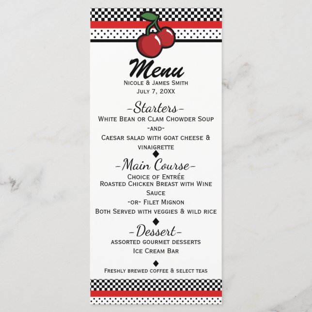 Cerises Rouges Noir & Blanc Menu d'Invitation Pers (Devant)