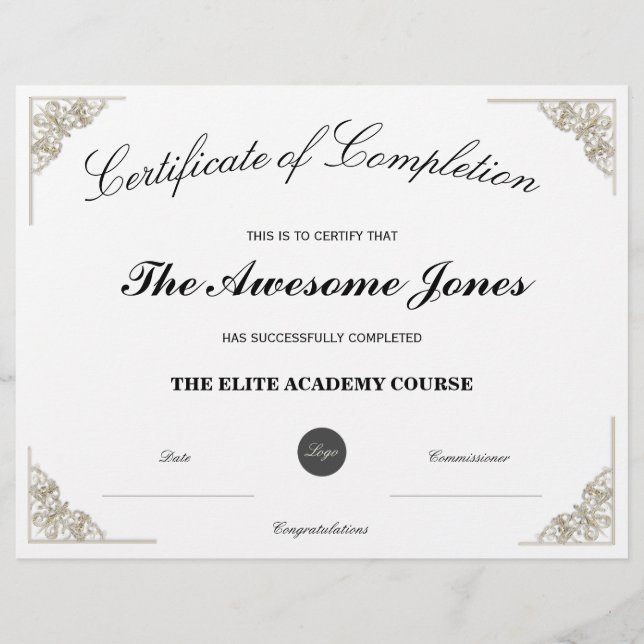 Certificat blanc d'achèvement avec logo personnali (Devant)