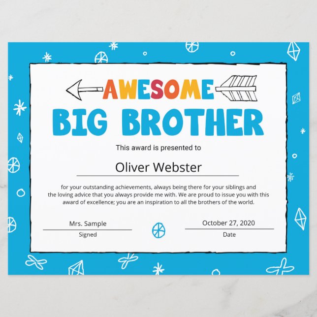 Certificat Blue Brother Big Brother (Devant)