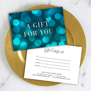 Certificat cadeau Aqua Blue Bokeh Lights Silver