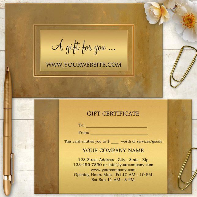 Certificat Cadeau Artistique Doré Élégant (A modern business card sized gift certificate featuring a classic brown painted design with gold)