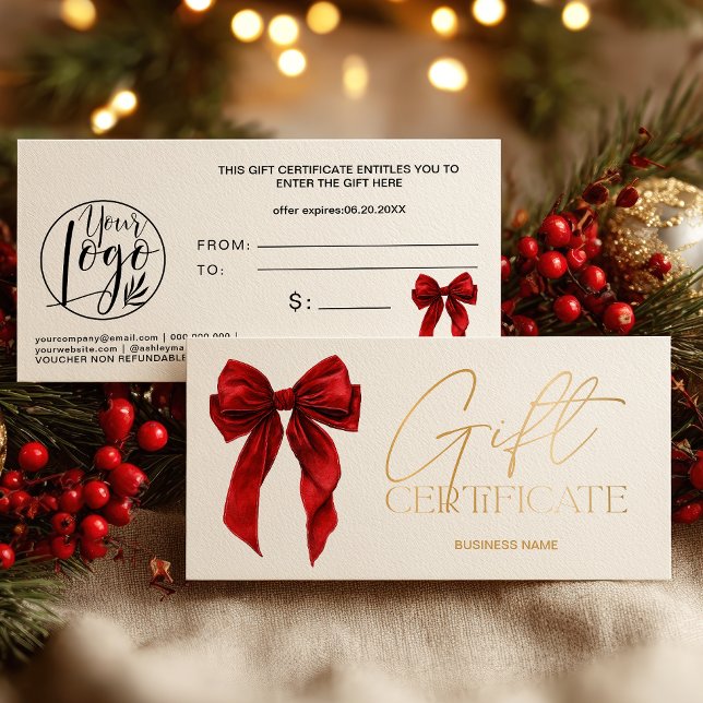 Certificat cadeau au logo Gold Bow Coquette Rouge (Red Coquette Bow Gold logo gift certificate)