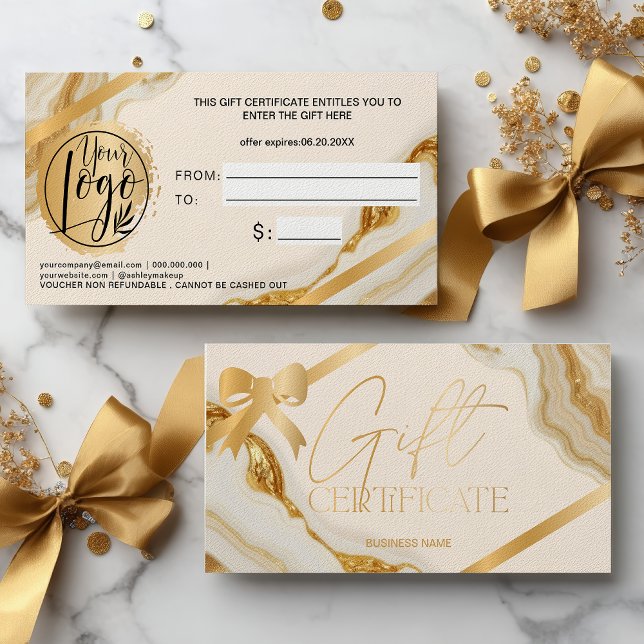 Certificat cadeau avec logo en marbre et ruban dor (Chic gold foil ribbon marble logo gift certificate)
