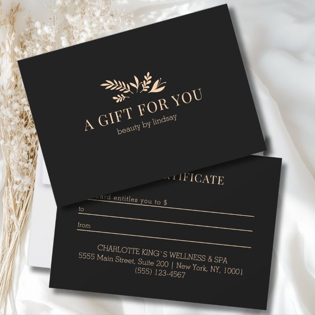 Certificat Cadeau Botanique Noir Minimaliste pour  (Minimal Black Botanical Business Gift Certificate)