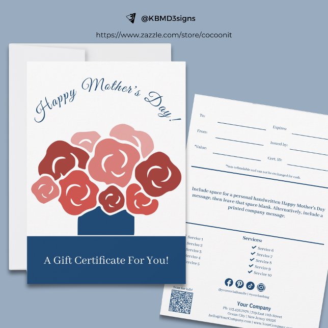 Certificat Cadeau Bouquet Moderne Bonne Fête des M (Modern Happy Mother's Day Bouquet Gift Certificate, Blue, White, Red)