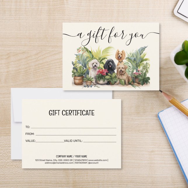 Certificat cadeau Chien Grooming Animal Sitting Ve (cute watercolor dogs puppies on the BEIGE background, gift certificate for groomers pet sitting)