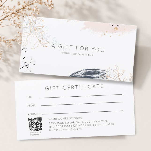 Certificat Cadeau Code QR à l'Encre Aquarelle Mode (Modern Watercolor Ink White QR Code Gift Certficate Blue Blush Gold )