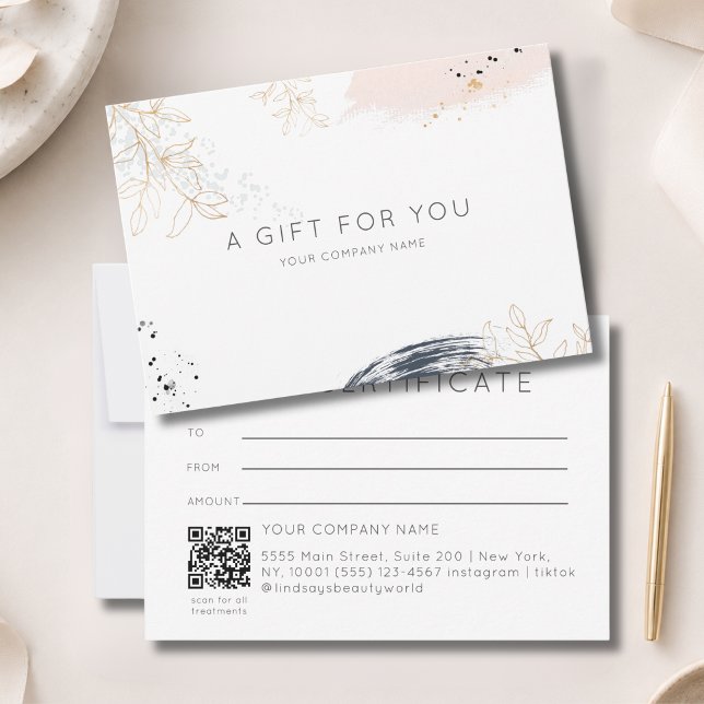 Certificat Cadeau Code QR à l'Encre Aquarelle Mode (Modern Watercolor Ink QR Code Gift Certficate White Blue Blush)