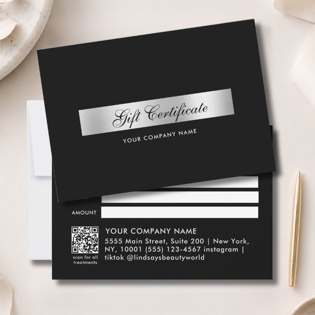 Certificat Cadeau Code QR Argent Noir Élégant (Elegant Black Silver QR Code Gift Certficate)