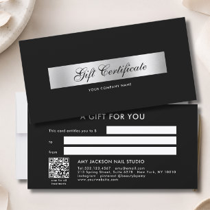 Certificat Cadeau Code QR Argent Noir Élégant