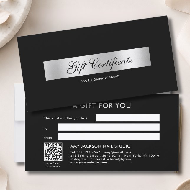 Certificat Cadeau Code QR Argent Noir Élégant (Elegant Black Silver QR Code Gift Certificate)