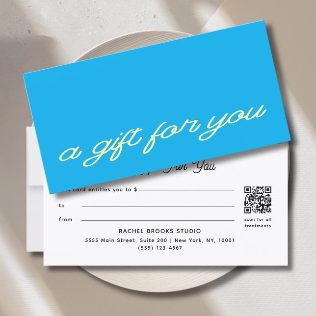 Certificat Cadeau Code QR Bleu Script Moderne (Modern Script Blue QR Code Gift Certificate)