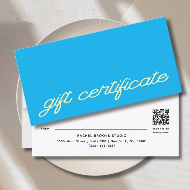 Certificat Cadeau Code QR Bleu Script Moderne (Modern Script Blue QR Code Gift Certificate)