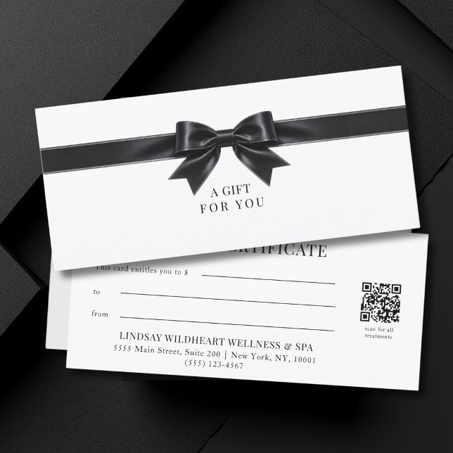Certificat Cadeau Code QR Élégant à Ruban Blanc (Elegant White Black  Bow QR Code Gift Certificate)