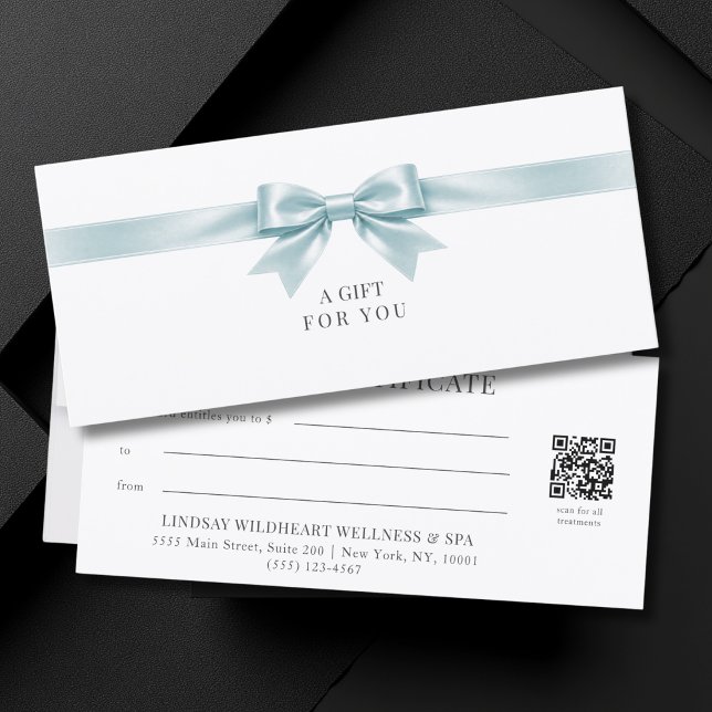 Certificat Cadeau Code QR Élégant à Ruban Blanc (Elegant White Blue Bow QR Code Gift Certificate)