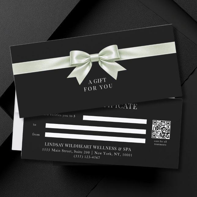 Certificat Cadeau Code QR Élégant à Ruban Noir (Elegant Black Green Bow QR Code Gift Certificate)