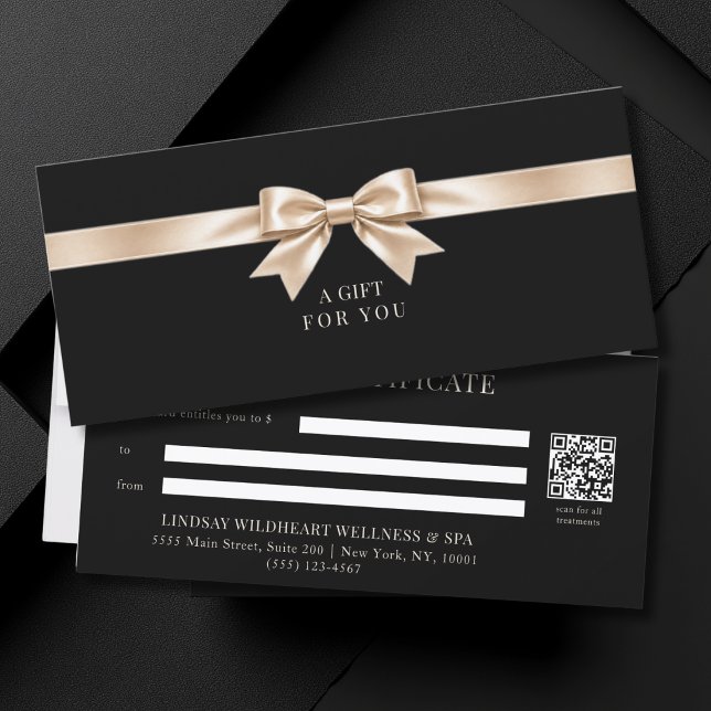 Certificat Cadeau Code QR Élégant à Ruban Noir (Elegant Black Champagner Bow QR Code Gift Certificate)