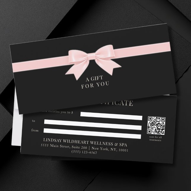 Certificat Cadeau Code QR Élégant à Ruban Noir (Elegant Black Light Pink Beige Bow QR Code Gift Certificate)