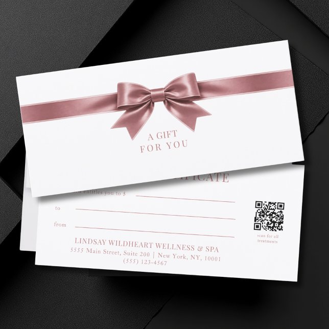 Certificat Cadeau Code QR Élégant avec Ruban Blanc (Elegant White Dusty Rose Bow QR Code Gift Certificate)