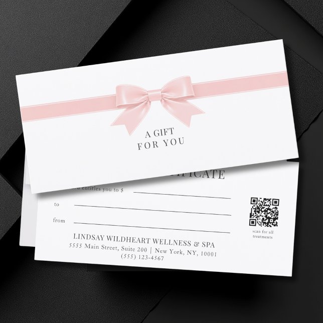Certificat Cadeau Code QR Élégant avec Ruban Blanc (Elegant White Light Pink Bow QR Code Gift Certificate)