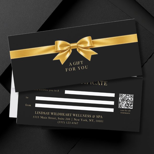 Certificat Cadeau Code QR Élégant avec Ruban Noir (Elegant Black Gold Bow QR Code Gift Certificate)