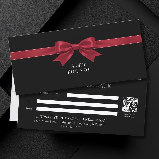 Certificat Cadeau Code QR Élégant avec Ruban Noir (Elegant Black Red Bow QR Code Gift Certificate)
