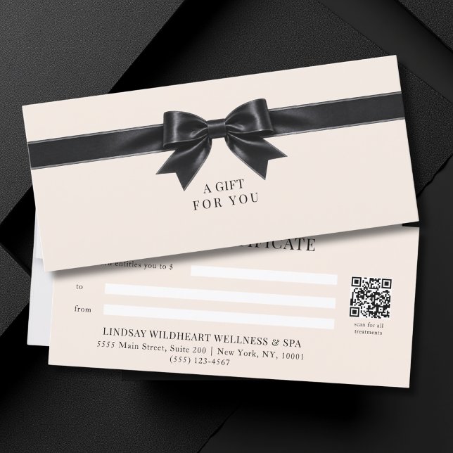 Certificat Cadeau Code QR Élégant Beige (Elegant Beige Black Bow QR Code Gift Certificate)
