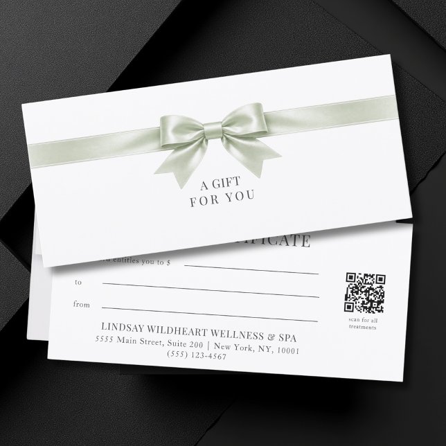 Certificat Cadeau Code QR Élégant Blanc (Elegant White Light Green Bow QR Code Gift Certificate)