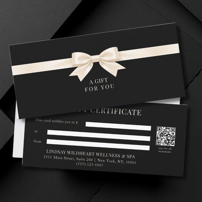 Certificat Cadeau Code QR Élégant Ruban Noir (Elegant Black Bow QR Code Gift Certificate)