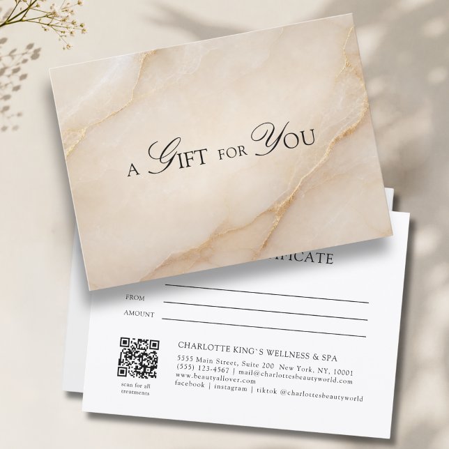 Certificat Cadeau Code QR en Marbre Beige Élégant (A Gift for You! Beige Gold Marble QR Code)