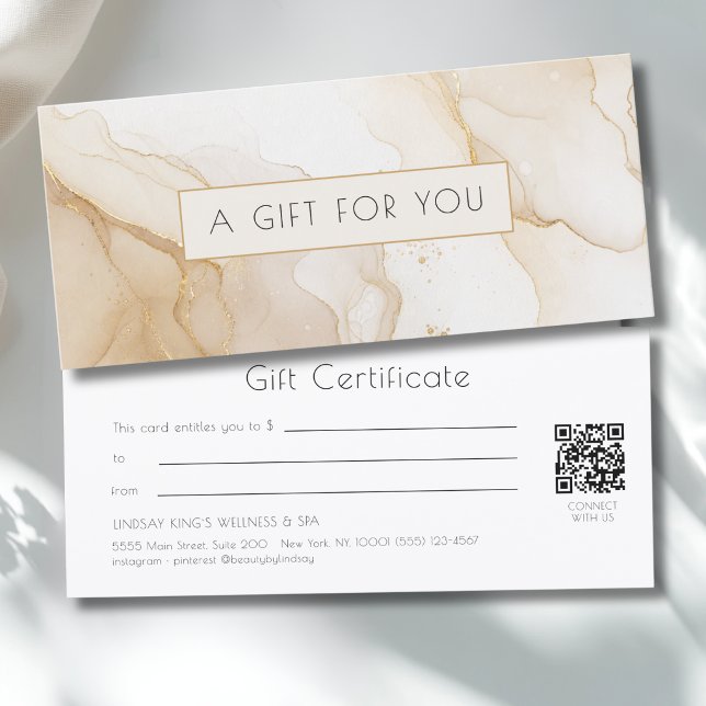 Certificat Cadeau Code QR en Marbre Doré Beige Lux (Luxury Beige Gold Marble QR Code Gift Certificate)