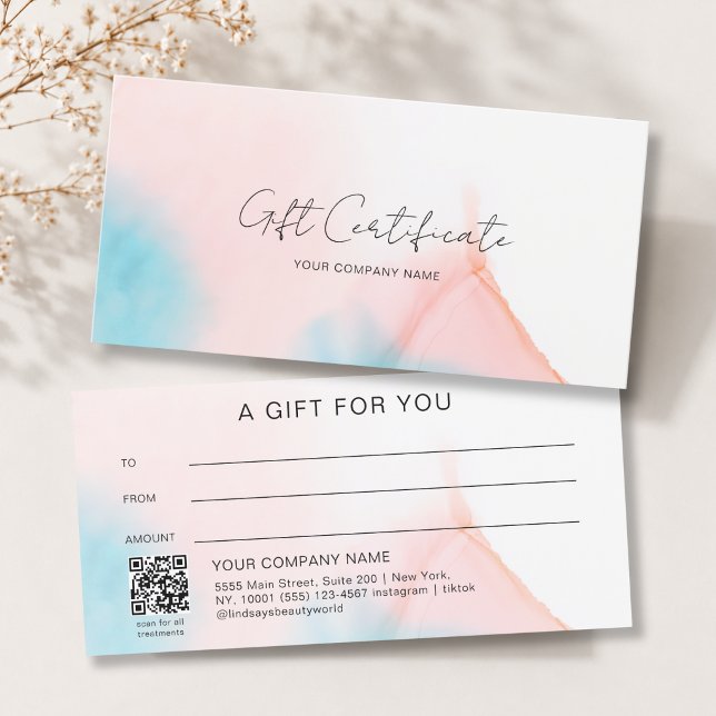 Certificat cadeau Code QR encre aquarelle (Watercolor Ink QR Code Gift Certficate Blue Pink Beige White)