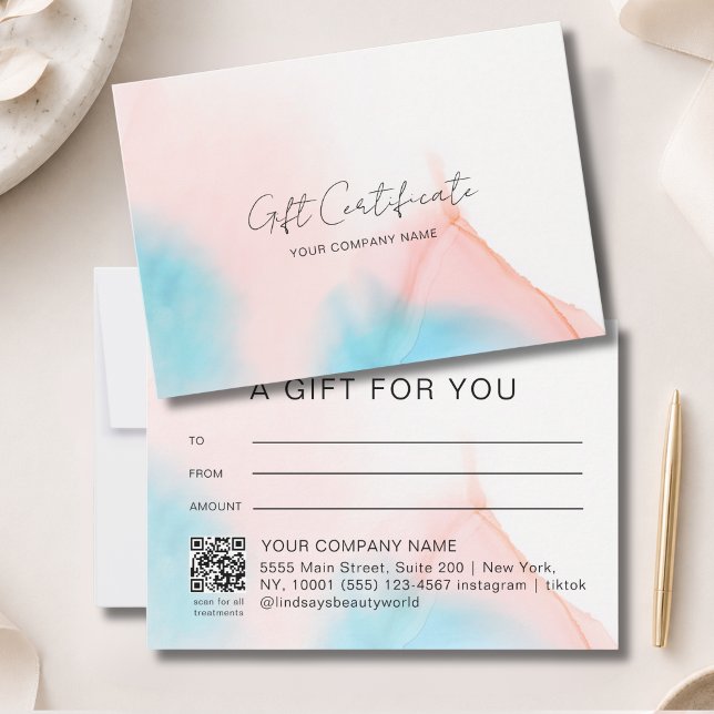 Certificat Cadeau Code QR Encre Aquarelle (Watercolor Ink QR Code Gift Certficate Blue Pink Beige)