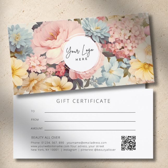Certificat Cadeau Code QR Logo Floral Vintage (Vintage Floral Logo QR Code Gift Certificate)
