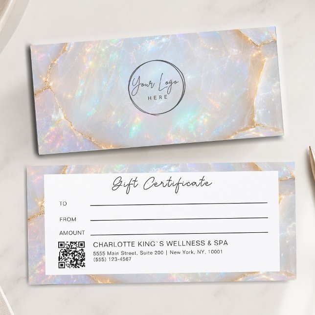 Certificat Cadeau Code QR Logo Opale Luxe (Luxury Opal Holographiy Salon Logo QR Code Gift Certificate)
